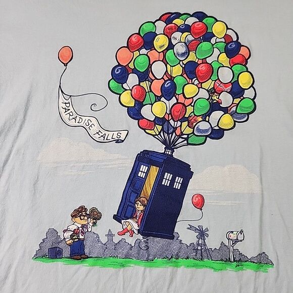TeeFury Disney Pixar Dr Who Up Mash Up Paradise Falls T-Shirt XXL Balloon Tardis - Picture 2 of 8
